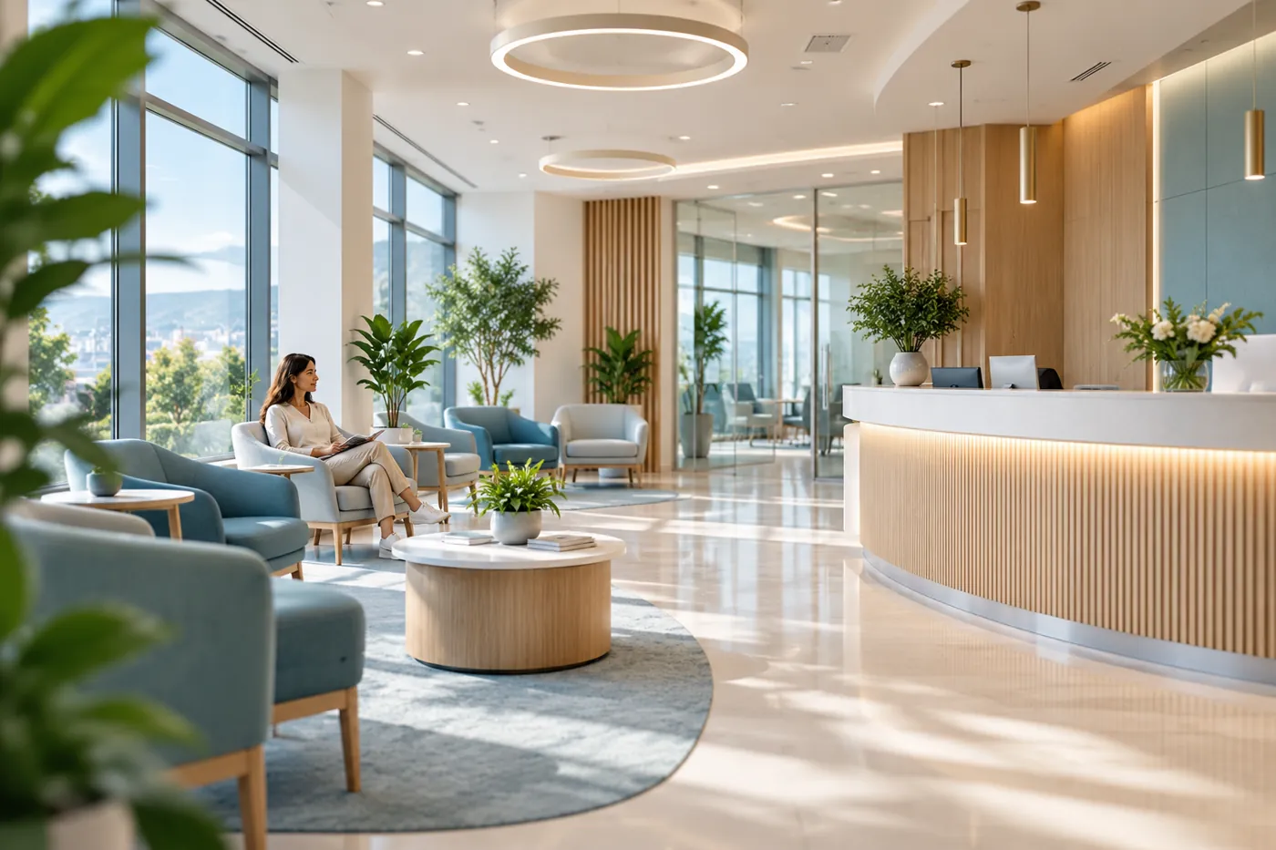 Aydınlık ve sakin ağrı kliniği bekleme salonu